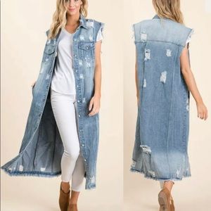 Long distressed denim jacket vest